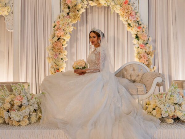 (Sold) Regal Ballgown Bridal Dress with Sheer Sleeves & Matching Veil